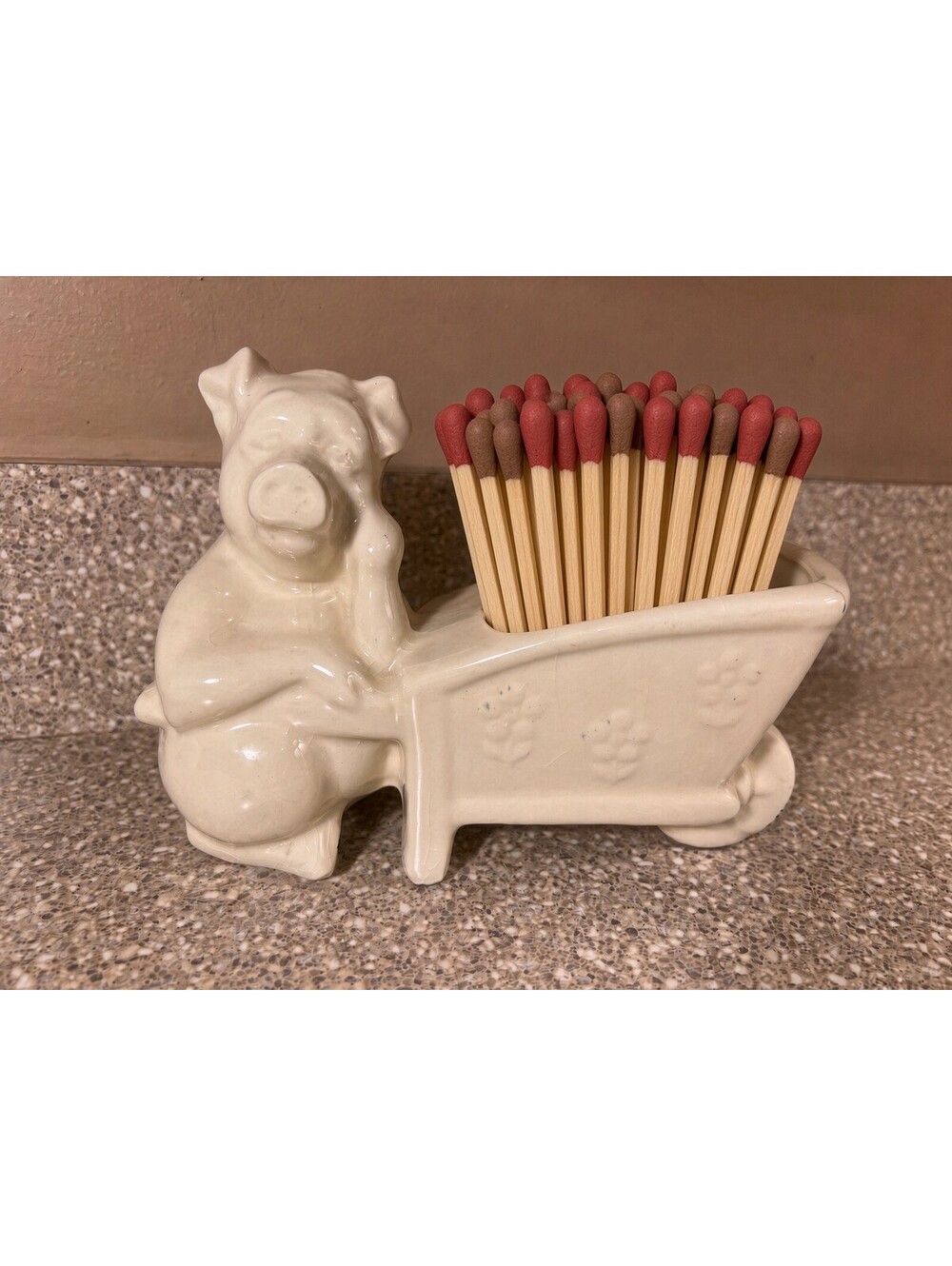 Vintage Ceramic Pig Wheelbarrow Matchstick Holder